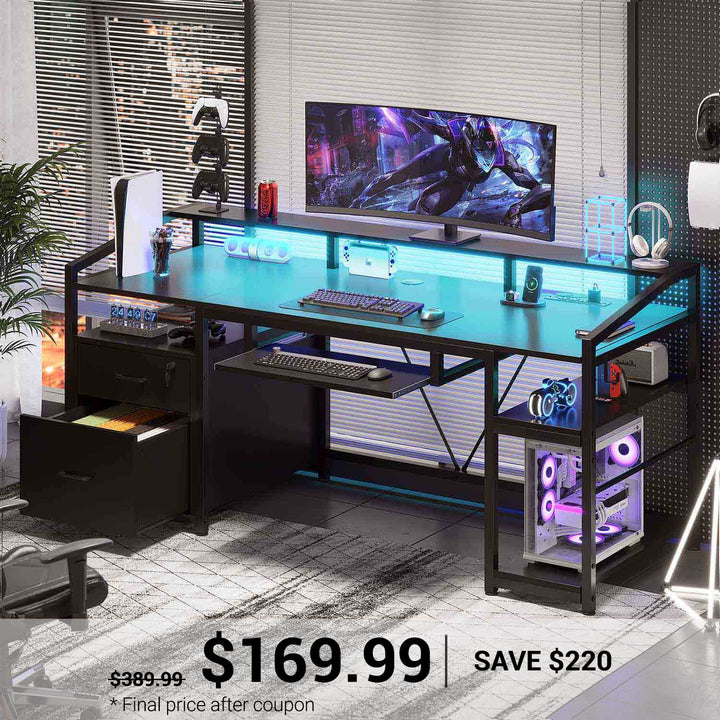 SEDETA 63 Inch Office Computer Desk LED Gaming Desk with Lock Drawers