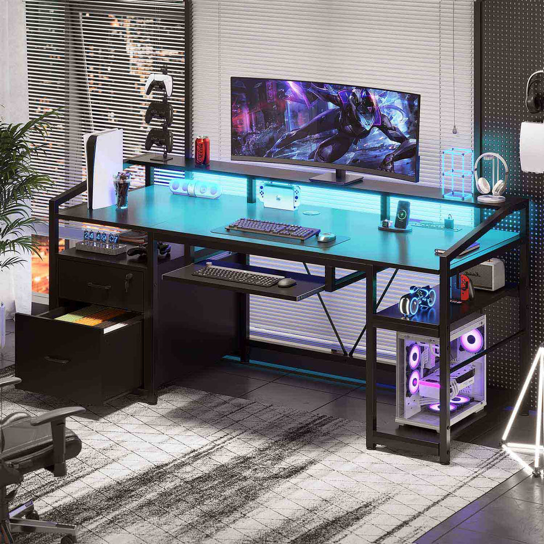 SEDETA 63 Inch Office Computer Desk LED Gaming Desk with Lock Drawers