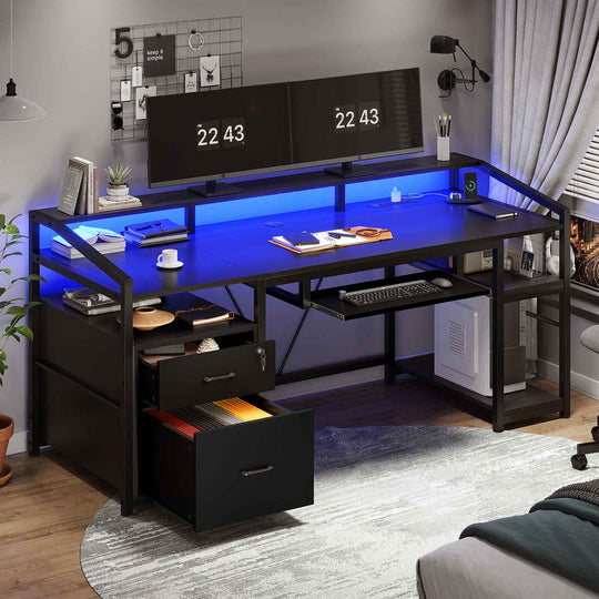 SEDETA 63 Inch Office Computer Desk LED Gaming Desk with Lock Drawers