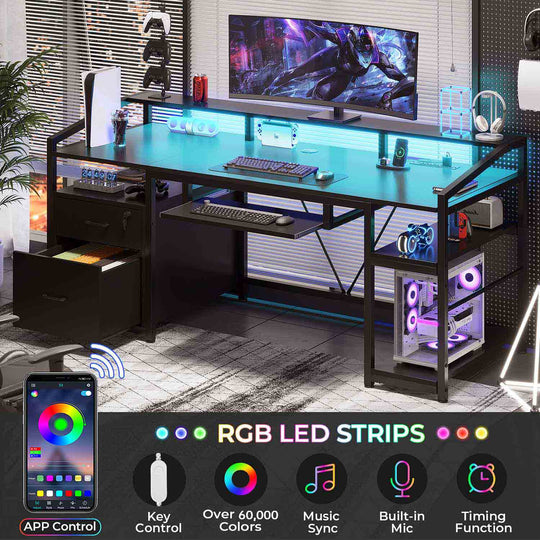 SEDETA 63 Inch Office Computer Desk LED Gaming Desk with Lock Drawers