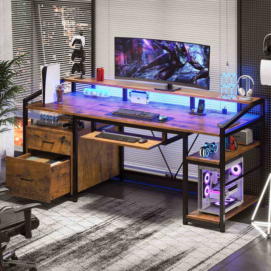 SEDETA 63 Inch Office Computer Desk LED Gaming Desk with Lock Drawers