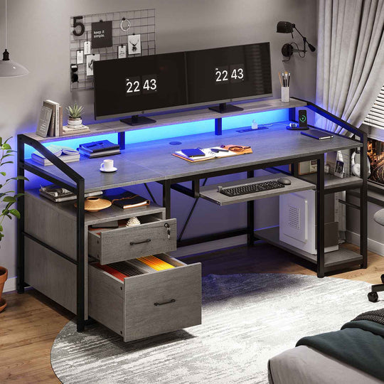 SEDETA 63 Inch Office Computer Desk LED Gaming Desk with Lock Drawers