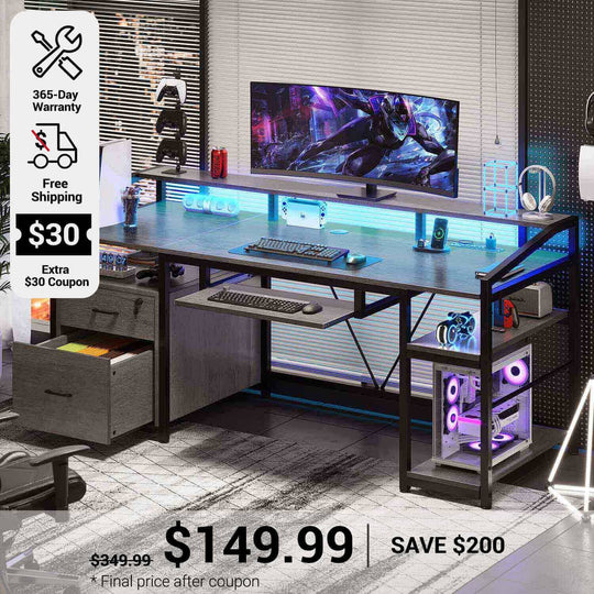 SEDETA 63 Inch Office Computer Desk LED Gaming Desk with Lock Drawers