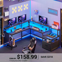 SEDETA 66 Inch L Shaped Gaming Desk Two Person Desk with Led Lights