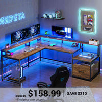 SEDETA 66 Inch L Shaped Gaming Desk Two Person Desk with Led Lights