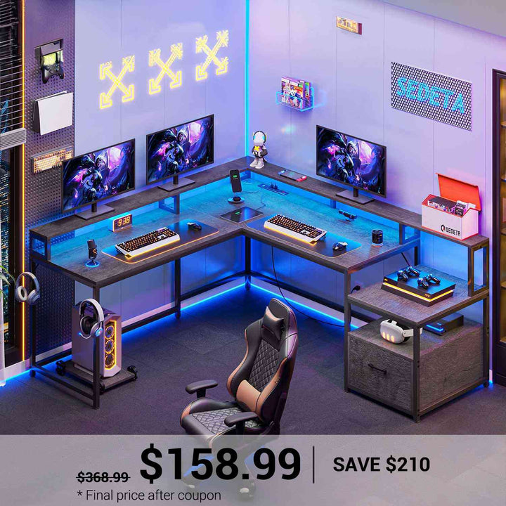 SEDETA 66 Inch L Shaped Gaming Desk Two Person Desk with Led Lights