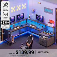 SEDETA® 66 Inch L Shaped LED Gaming Desk Home Office Corner Computer Table with Storage Shelves