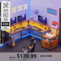 SEDETA® 66 Inch L Shaped LED Gaming Desk Home Office Corner Computer Table with Storage Shelves