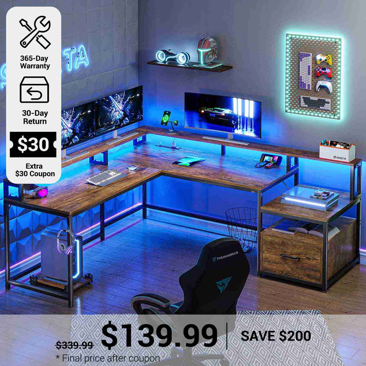 SEDETA® 66 Inch L Shaped LED Gaming Desk Home Office Corner Computer Table with Storage Shelves