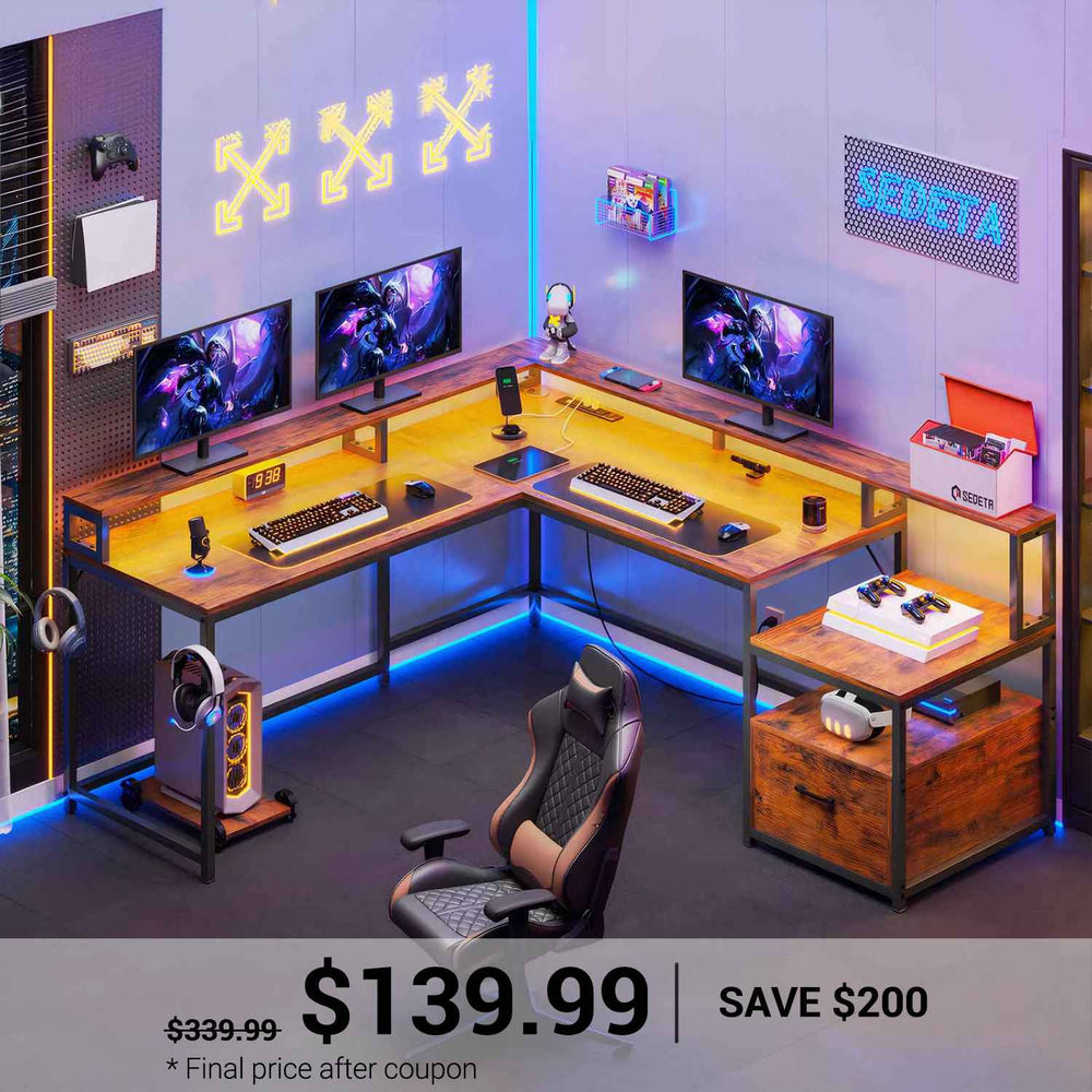 SEDETA | 66 Inch L Shaped Corner LED Gaming Computer Desk with File Drawer