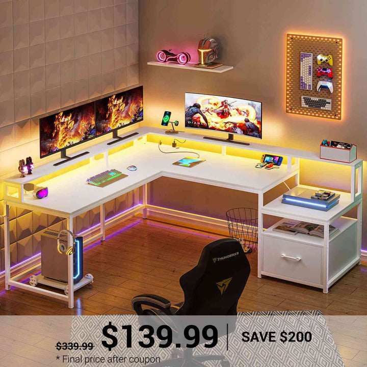 SEDETA | 66 Inch L Shaped Corner LED Gaming Computer Desk with File Drawer