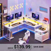 SEDETA | 66 Inch L Shaped Corner LED Gaming Computer Desk with File Drawer