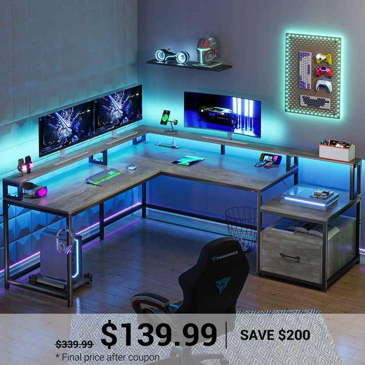 SEDETA | 66 Inch L Shaped Corner LED Gaming Computer Desk with File Drawer