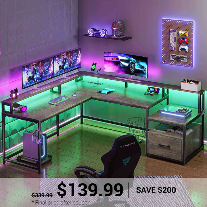 SEDETA | 66 Inch L Shaped Corner LED Gaming Computer Desk with File Drawer