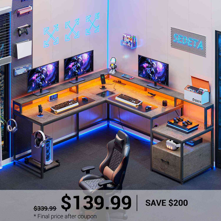 SEDETA | 66 Inch L Shaped Corner LED Gaming Computer Desk with File Drawer