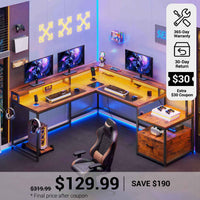 SEDETA® 66 Inch L Shaped LED Gaming Desk Home Office Corner Computer Table with Storage Shelves