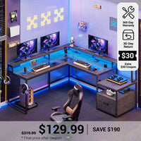 SEDETA® 66 Inch L Shaped LED Gaming Desk Home Office Corner Computer Table with Storage Shelves