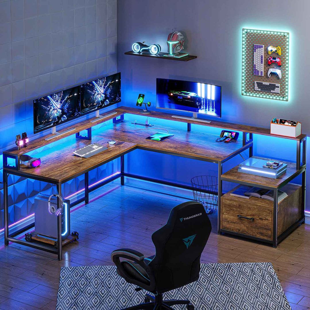 SEDETA 66 Inch L Shaped Black Gaming DeskTwo Person Desk with Led Lights