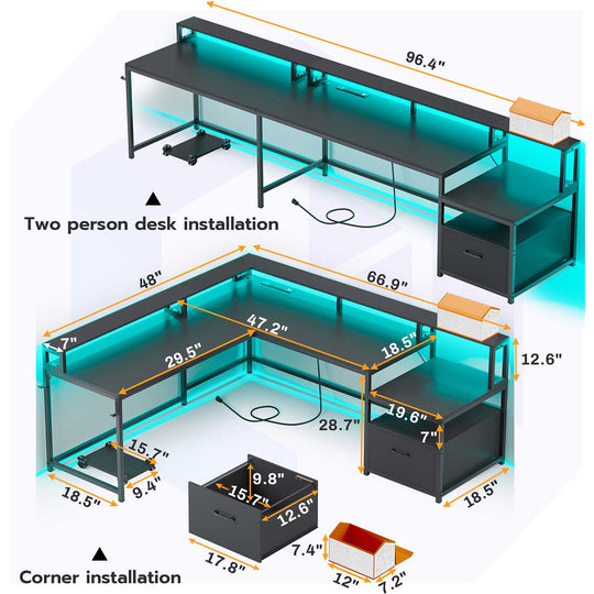 SEDETA 66 Inch L Shaped Black Gaming DeskTwo Person Desk with Led Lights