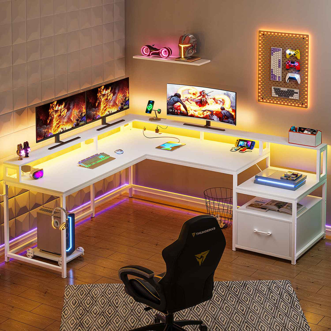 SEDETA 66 Inch L Shaped Black Gaming DeskTwo Person Desk with Led Lights