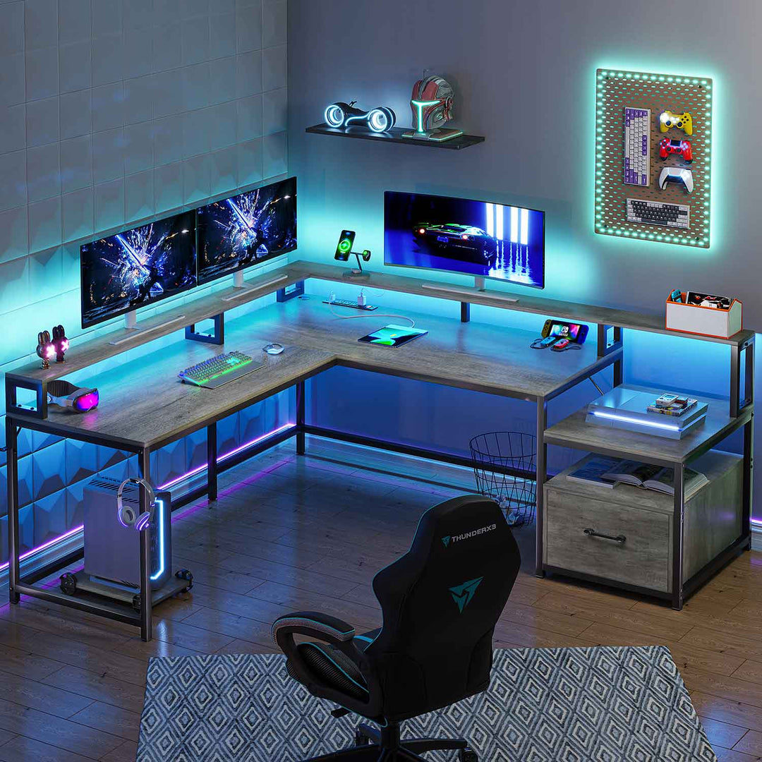 SEDETA 66 Inch L Shaped Black Gaming DeskTwo Person Desk with Led Lights