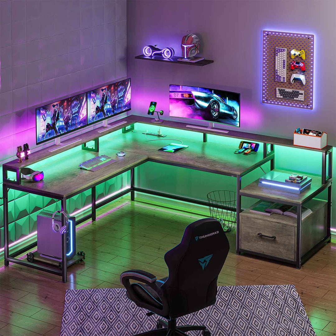 SEDETA 66 Inch L Shaped Black Gaming DeskTwo Person Desk with Led Lights