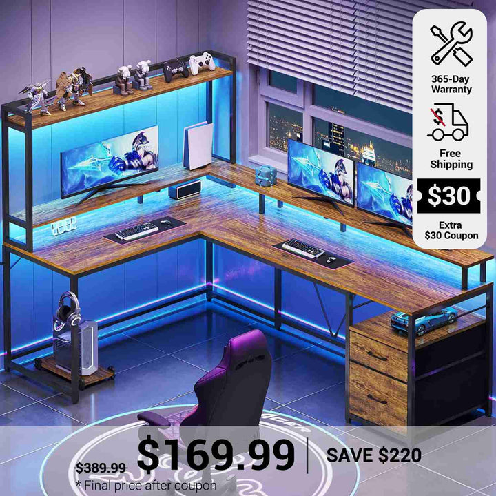 SEDETA 94.4 Inch L Shaped Gaming Desk with File Drawers for Home Office