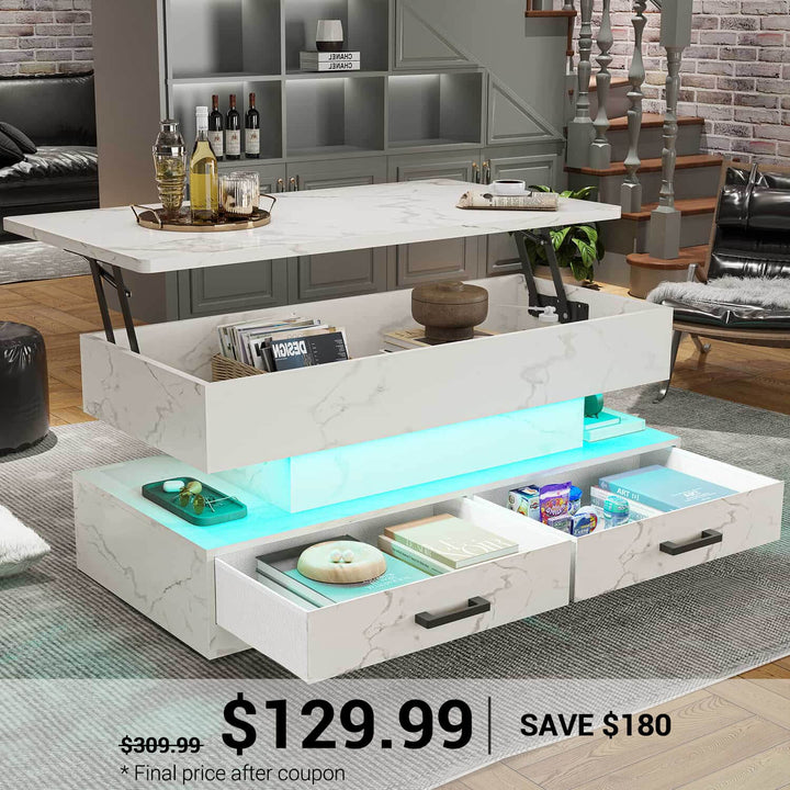 SEDETA | 40 Inch 2-in-1 Lift Top Coffee Table with Led Lights and Storage Drawers for Living Room