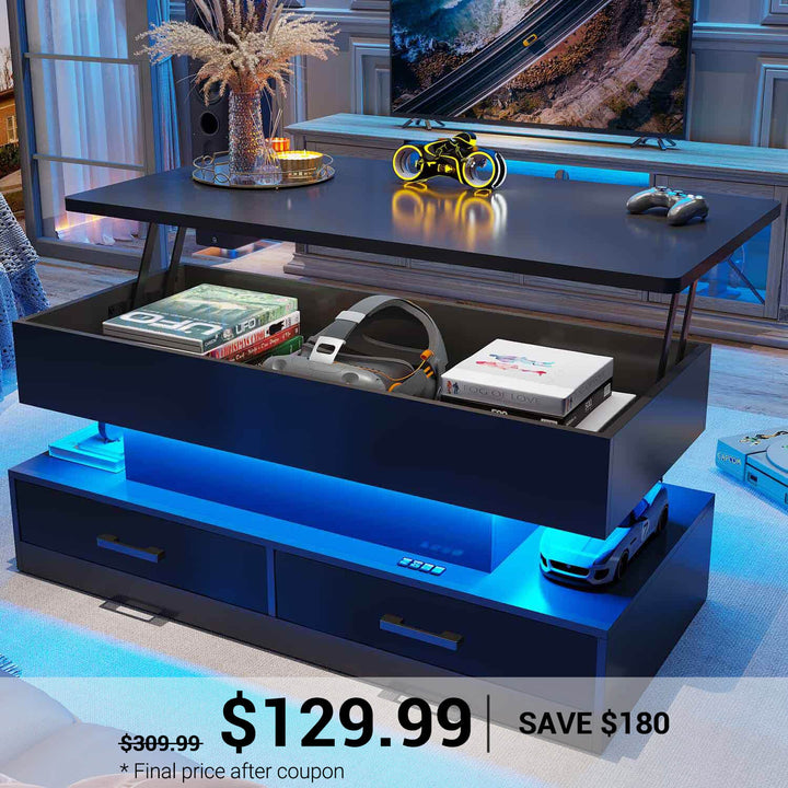 SEDETA | 40 Inch 2-in-1 Lift Top Coffee Table with Led Lights and Storage Drawers for Living Room