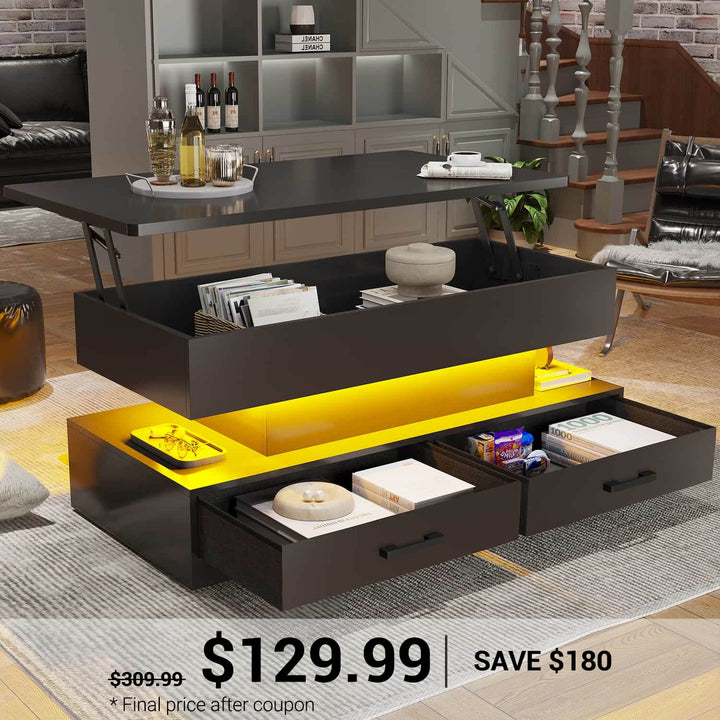 SEDETA | 40 Inch 2-in-1 Lift Top Coffee Table with Led Lights and Storage Drawers for Living Room