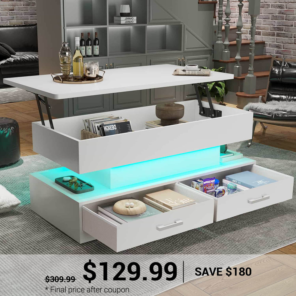 SEDETA | 40 Inch 2-in-1 Lift Top Coffee Table with Led Lights and Storage Drawers for Living Room