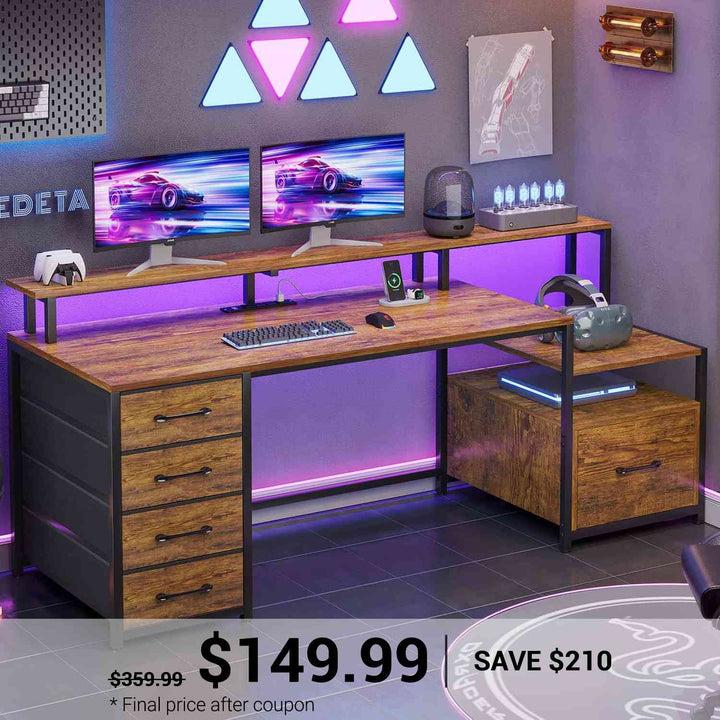 SEDETA | 66 Inch Computer and Gaming Desk with 5 Drawers and Printer Cabinet