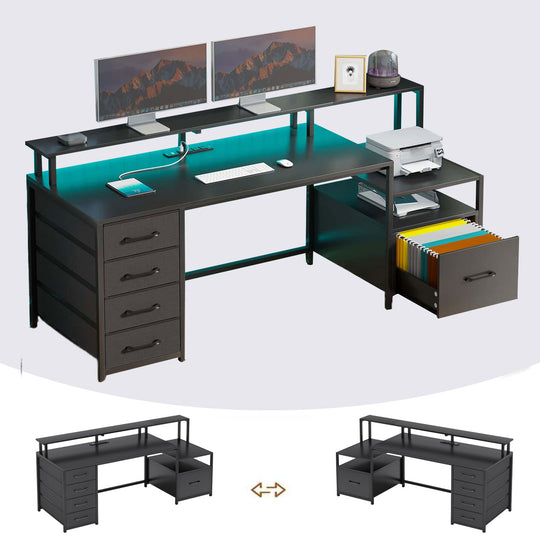 SEDETA 66 Inch LED Gaming Desk Computer Desk with 5 Drawer