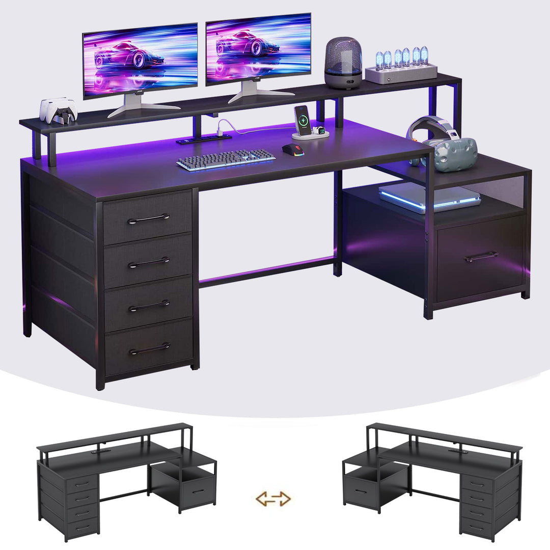 SEDETA 66 Inch LED Gaming Desk Computer Desk with 5 Drawer