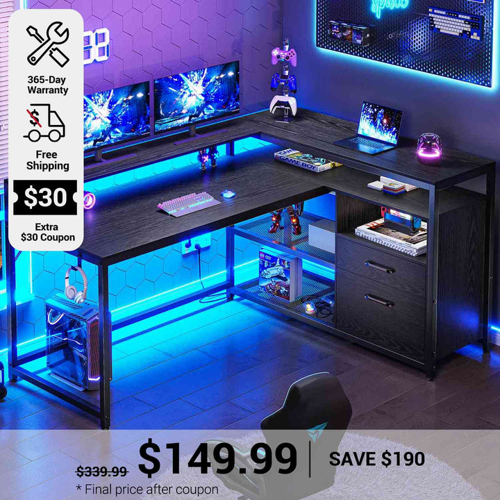 SEDETA 55 Inch LED Corner Gaming Desk with Drawer and Printer Storage