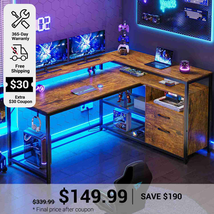 SEDETA 55 Inch LED Corner Gaming Desk with Drawer and Printer Storage