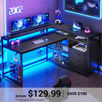 SEDETA® 55 Inch L Shaped LED Gaming Desk Computer Table with Drawers Storage Shelves