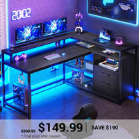 SEDETA 55 Inch LED Corner Gaming Desk with Drawer and Printer Storage