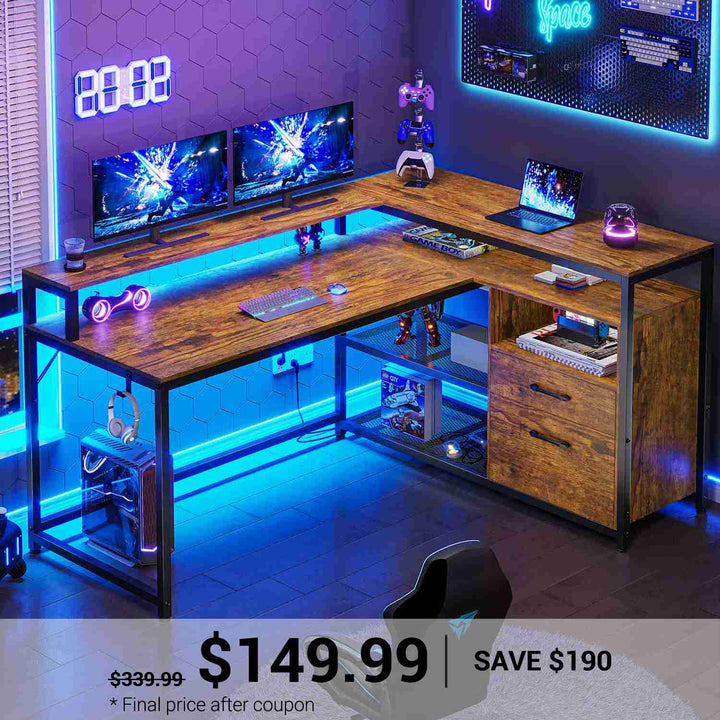 SEDETA 55 Inch LED Corner Gaming Desk with Drawer and Printer Storage