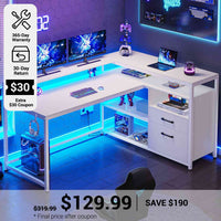 SEDETA® 55 Inch L Shaped LED Gaming Desk Computer Table with Drawers Storage Shelves