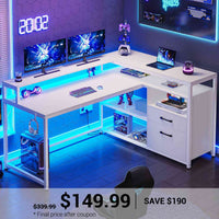 SEDETA 55 Inch LED Corner Gaming Desk with Drawer and Printer Storage