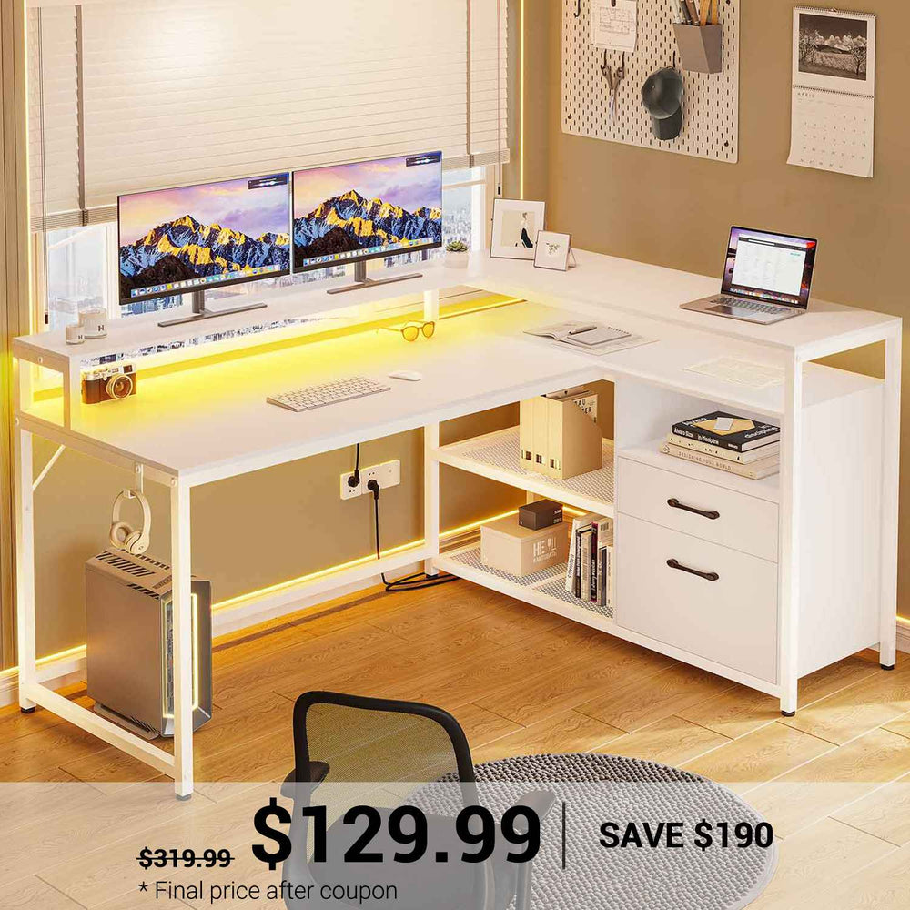 SEDETA | 55 Inch L Shaped Corner Gaming Desk with Drawers and Printer Storage Shelves