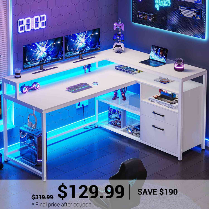 SEDETA® 55 Inch L Shaped LED Gaming Desk Computer Table with Drawers Storage Shelves