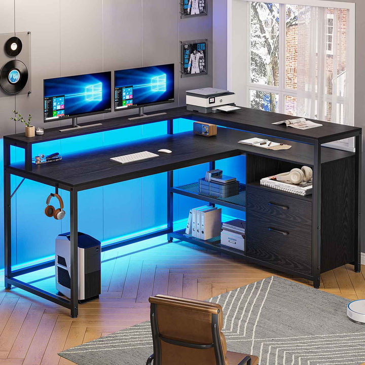 SEDETA 55 Inch LED Corner Gaming Desk with Drawer and Printer Storage