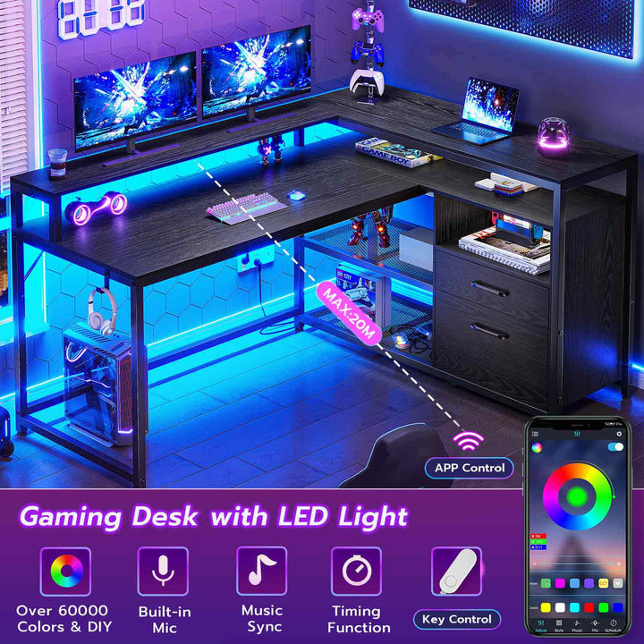 SEDETA 55 Inch LED Corner Gaming Desk with Drawer and Printer Storage