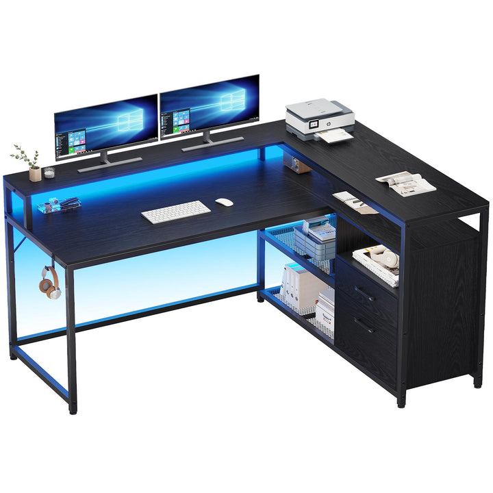 SEDETA 55 Inch LED Corner Gaming Desk with Drawer and Printer Storage