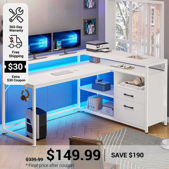 SEDETA 55 Inch LED Corner Gaming Desk with Drawer and Printer Storage