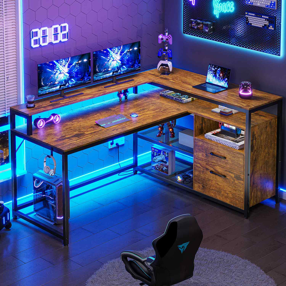 SEDETA 55 Inch LED Corner Gaming Desk with Drawer and Printer Storage