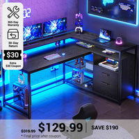 SEDETA® 55 Inch L Shaped LED Gaming Desk Computer Table with Drawers Storage Shelves