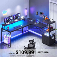 SEDETA® 51 Inch Corner LED Gaming Desk Home Office Computer Table with File Drawer